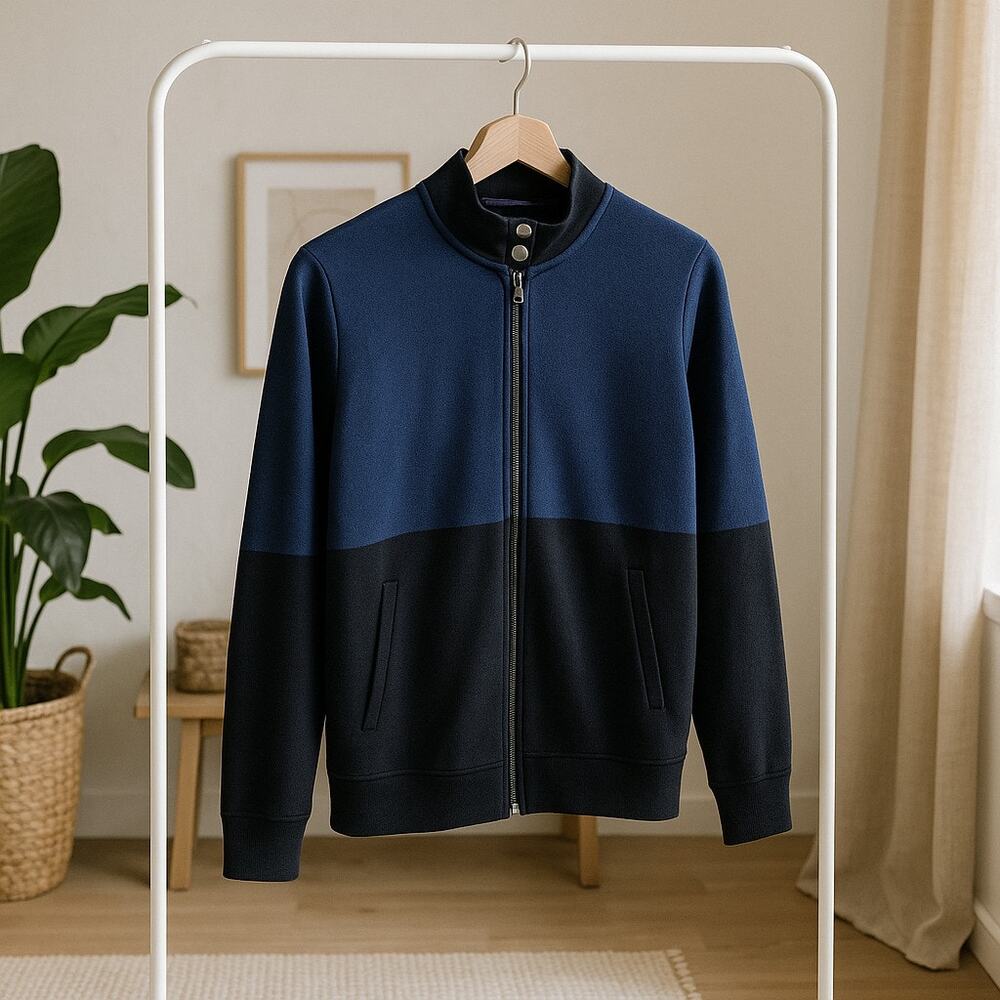 Belford Pima Cotton Snap Funnel Neck Knit Jacket Blue Two Tone Womens Medium